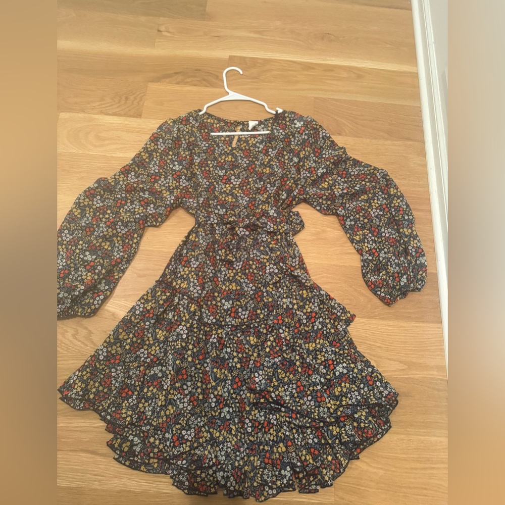 Navy, yellow, red and white floral dress, tie for waist, size xl
